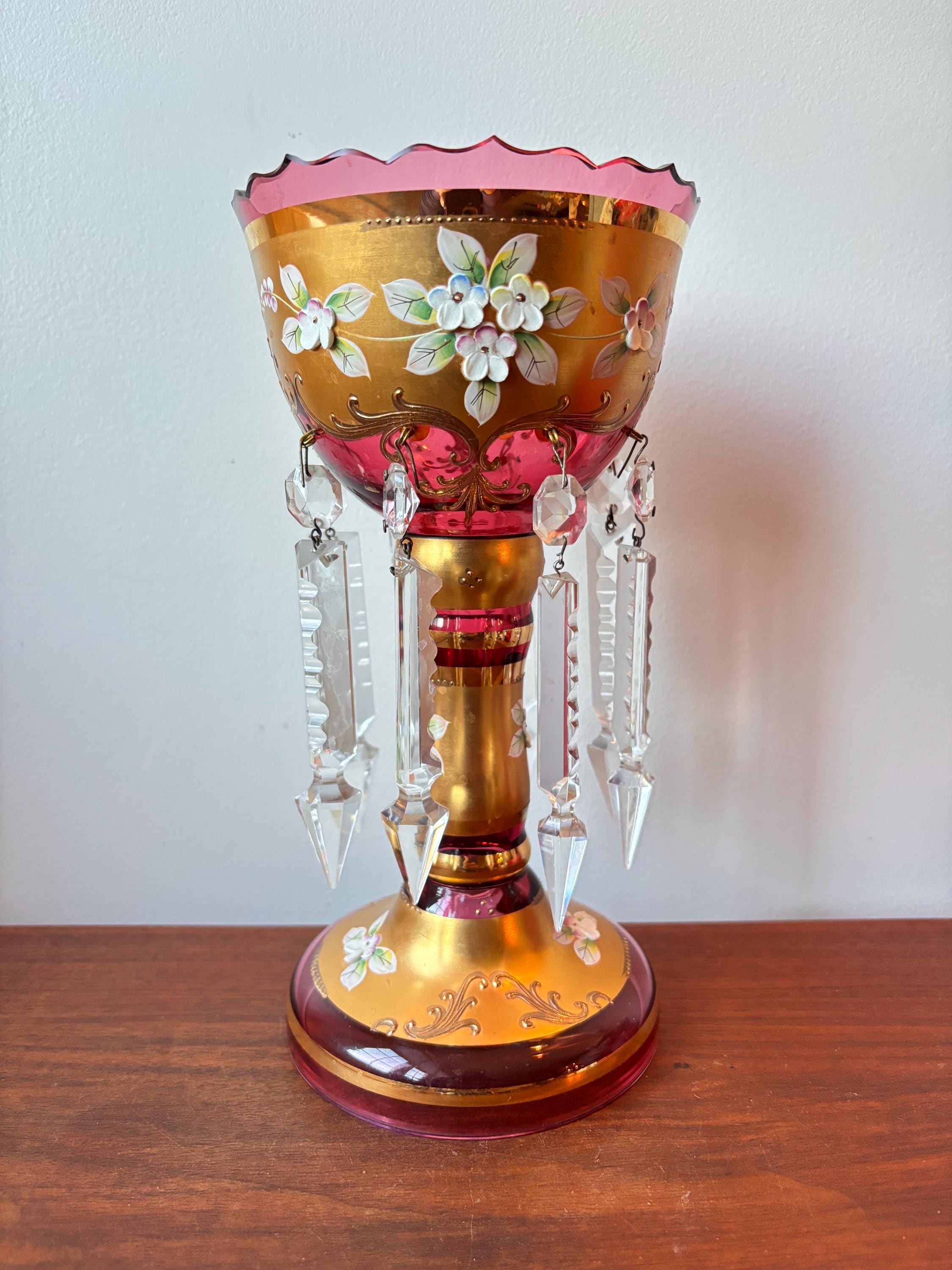 ボヘミアン ガラス 　ルビー　エナメル 　金盛　金箔 狩猟シーン 足付きボウル ヴィンテージ ボヘミアン ルビー クランベリー キャンドル マントル