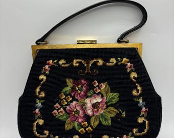 Vintage 1960s Floral Needlepoint Carpet Bag: Embroidered Evening Handbag