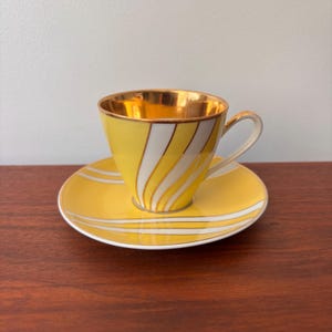 Midcentury Krokus Cmielow 1781 Yellow White Stripe Porcelain Coffee Demitasse Cup & Saucer by Wincenty Potacki for Ćmielów, Poland, 1960s