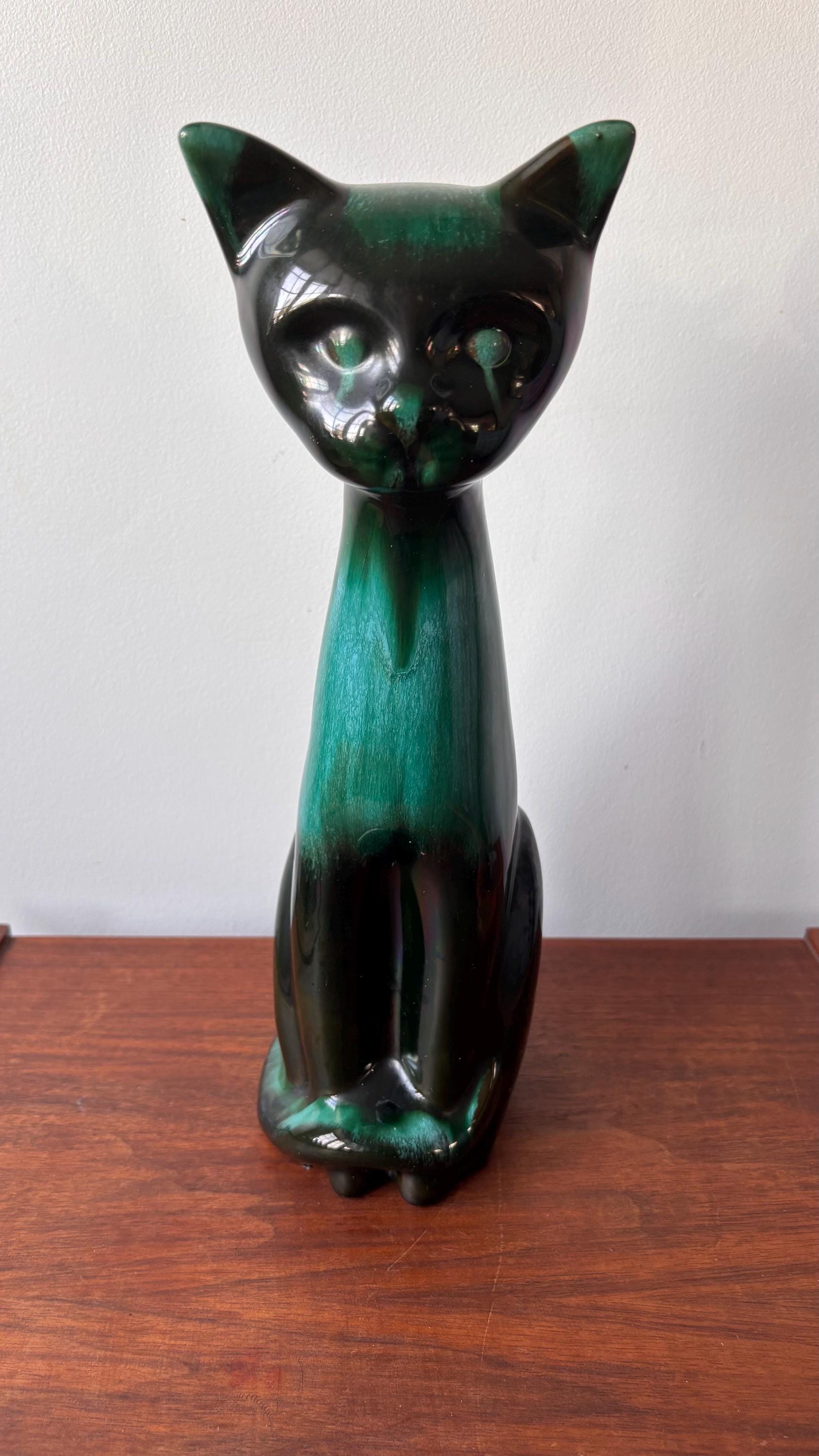 Large Mid Century Modern Blue Mountain Pottery Green & Black Cat Figurine 14”