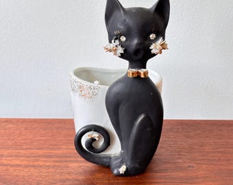 Vintage Lefton Japan Black Cat Wall Pocket: Rhinestone Eyes - Etsy