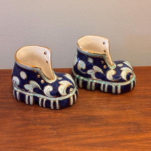 Vintage mitten av århundradet italiensk keramik stövelplanter: Blå & guld keramik