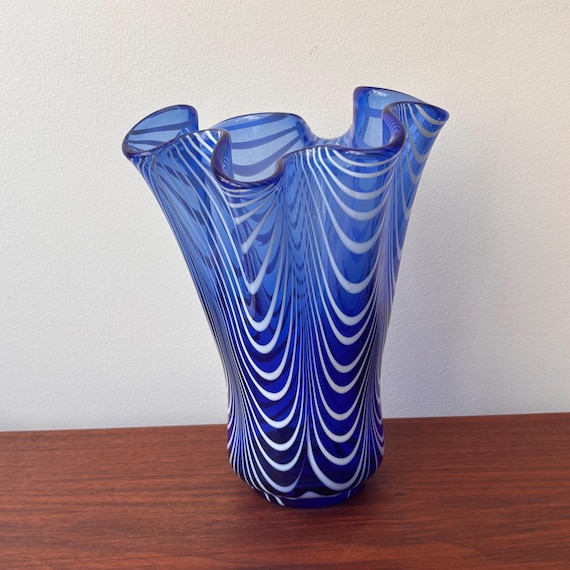 Vintage MCM Blue Feathered Art Glass Handkerchief Vase - 8.5