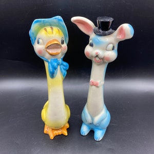 Rare Vintage Kitschy Cute Anthropomorphic Long Neck Salt and Pepper Shakers Yellow Duck and Blue Bunny