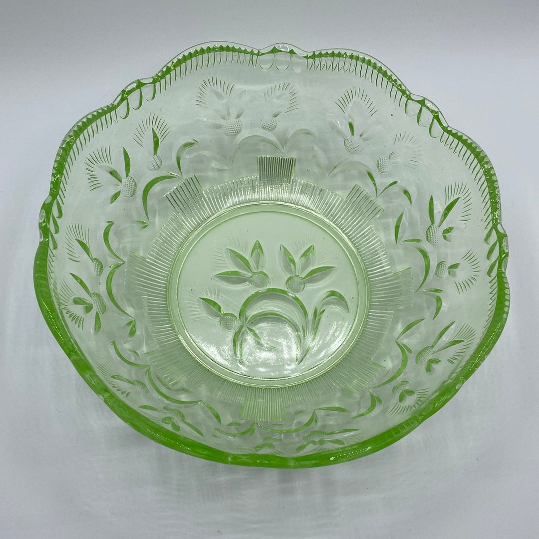 Vintage Uranium Glass Serving Bowl With Thistle Pattern and Scalloped Edge Etsy