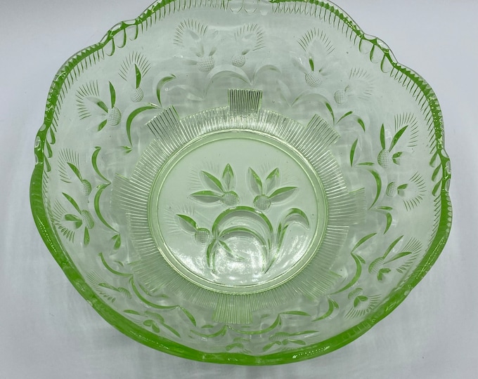 Vintage Uranium Glass Serving Bowl With Thistle Pattern and Scalloped