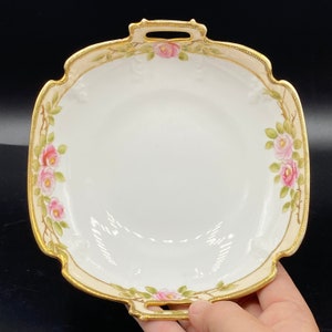 Hand painted Nippon Square Candy Dish Bowl with Swags of Pink Roses, Gold Filligrees and Lug handles