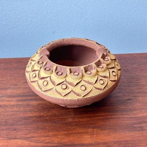 Vintage Carved Terracotta Pottery Pot, Sunflower Design Southwestern Planter
