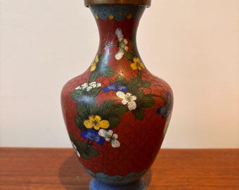 Vaso giapponese vintage in smalto rosso cloisonné con motivo floreale, 6 pollici