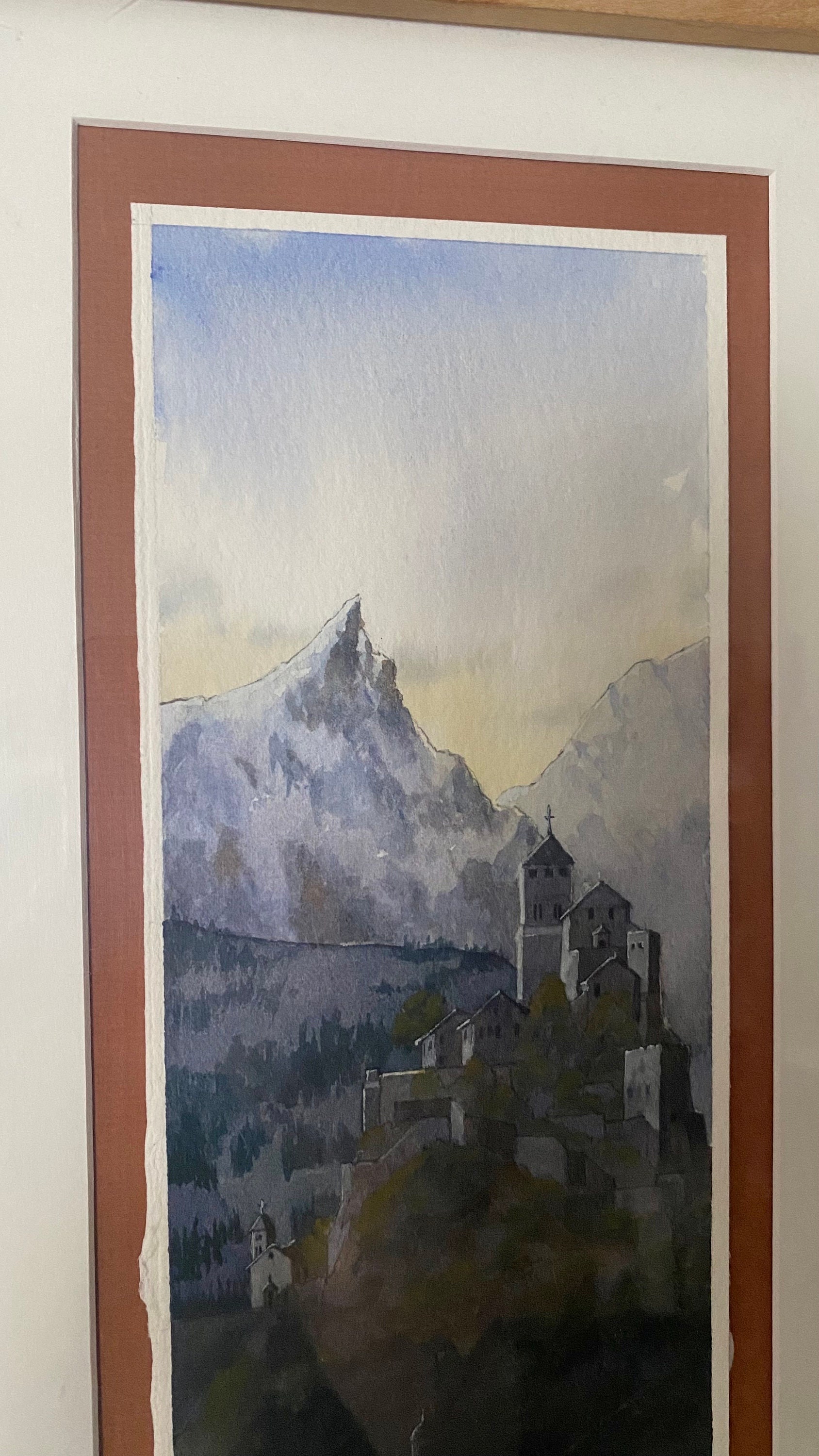 1946年 水彩画 アルプス風景 額装 ドイツ　ヴィンテージ ヴィンテージ スイスアルプス 水彩画：署名入りヨーロッパ風景画