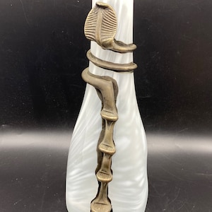 Romanian White Mottled Art Deco Style glass Vase with Satin White Swirl & Applied Bronze Leaf Filip Ravert Vase