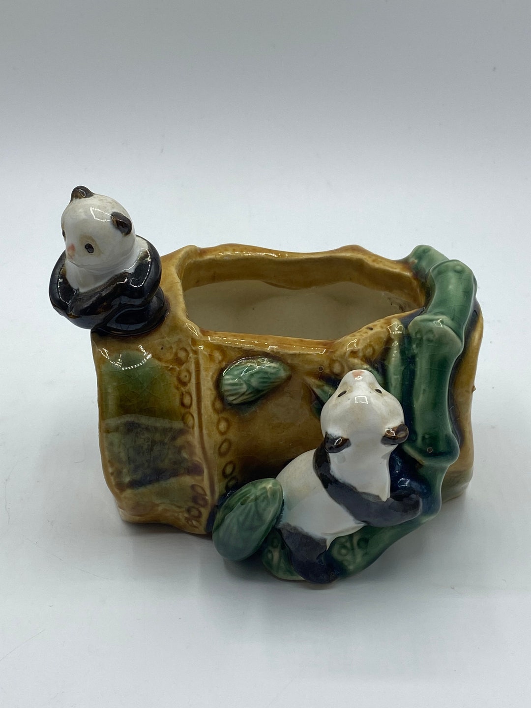 Vintage Majolica Japan Ceramic Planter With Panda Bears and Bamboo 5.5 ...