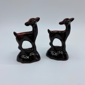 Vintage Mid Century Canuck Pottery Red Brown Drip Glazed Sitting Lambs Figurines