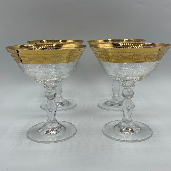 Vintage Tiffin Francisan Gold Trim Needle Etched Champagne Glasses Stemware, Champagne Stemware Glasses with Scroll Pattern Set of 4