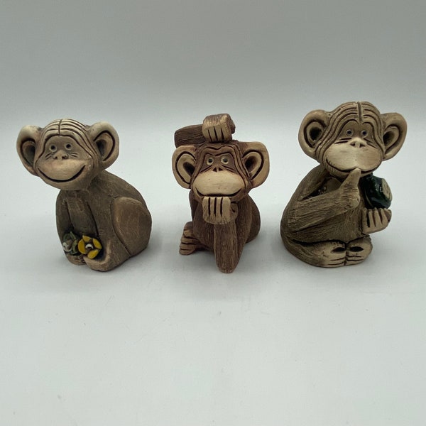 Vintage Artesania Rinconada Uruguay Art Pottery Monkey Figurines Set of 3