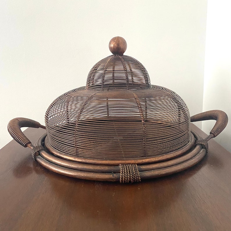 Vintage Copper Metal Wire Covered Cake Platter Serving Tray, Metal Wire Covered Food Tray image 1