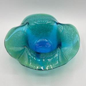 Vintage Aquamarine Art Glass Bowl: Blue Green Swirl Console Bowl
