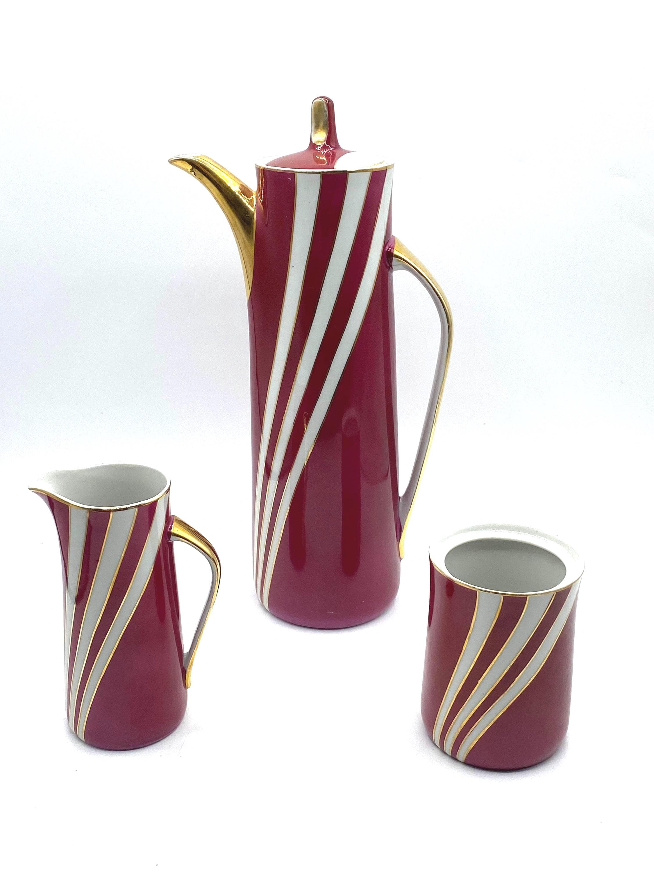 ミッドセンチュリー チミエロフ磁器コーヒーポットセット：ピンクと白