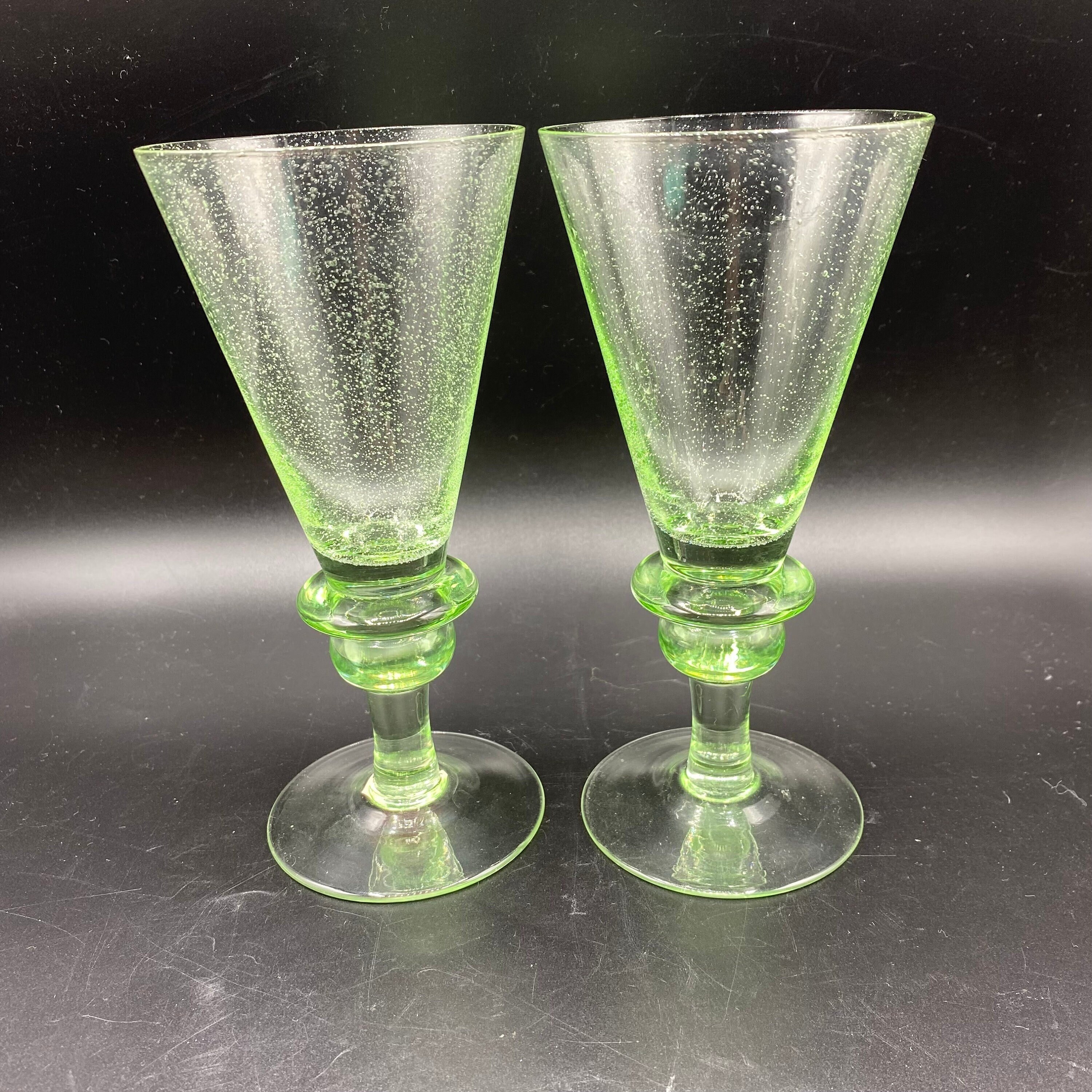 Set of 3 Goblets with Green Stems and Base, Etched Grapes - Ruby Lane