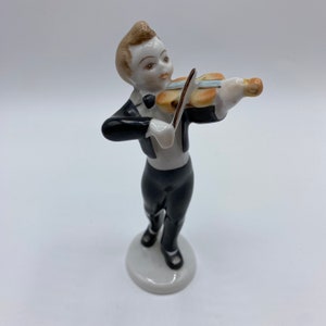 Vintage Rare Hollohaza Hungary Boy Playing Violin Instrument, Hand Painted Hungary Figurine