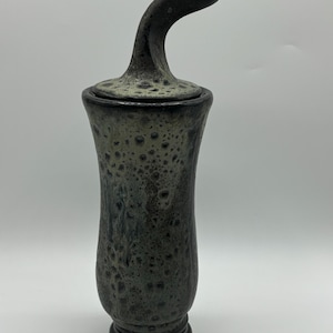 May include: A handcrafted ceramic vessel with a unique, curved handle. The dark gray and speckled finish gives it a rustic appearance. The vessel has a cylindrical body and a lid with a curved handle, adding a touch of artistic flair.