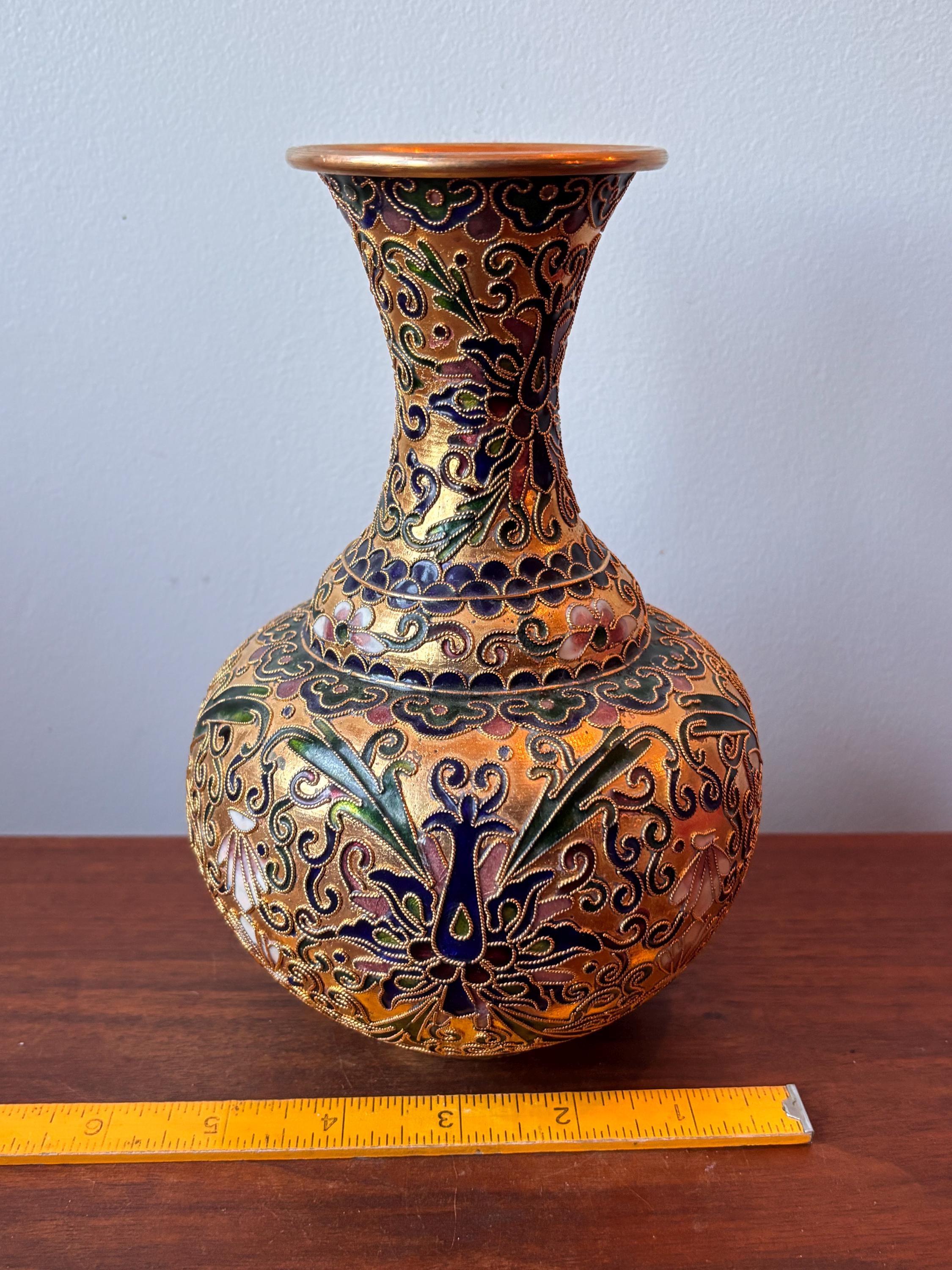 Vintage Chinese Gold Cloisonne Enamel Floral Cobalt Blue Vase 8