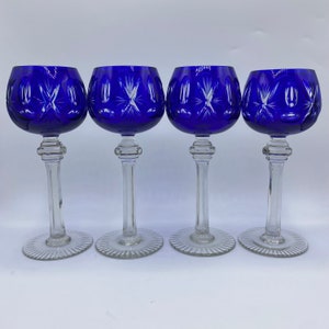 Bohemian Cobalt Blue Cut to Clear Crystal Wine Goblets Set of 4