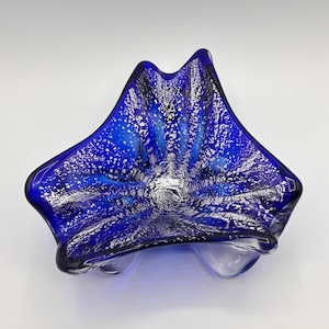 Vintage Cobalt Blue Bullicante Murano Art Glass Bowl with Heavy Silver Fleck Adventurine AS-IS