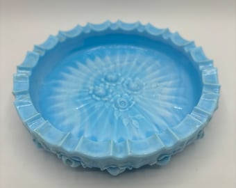 Vintage Blue Slag Milk Glass Fenton Cabbage Rose Ashtray