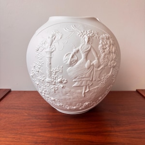 Vintage Whimsical AK Kaiser Bisque Porcelain Bjorn Wiinblad Style Vase, Kaiser Porcelain Bisque Embossed Lady with Fruit Basket 0318 Vase