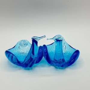 Vintage MCM Blue Art Glass Kissing Swan Trinket Candy Dish, Art Glass Swans
