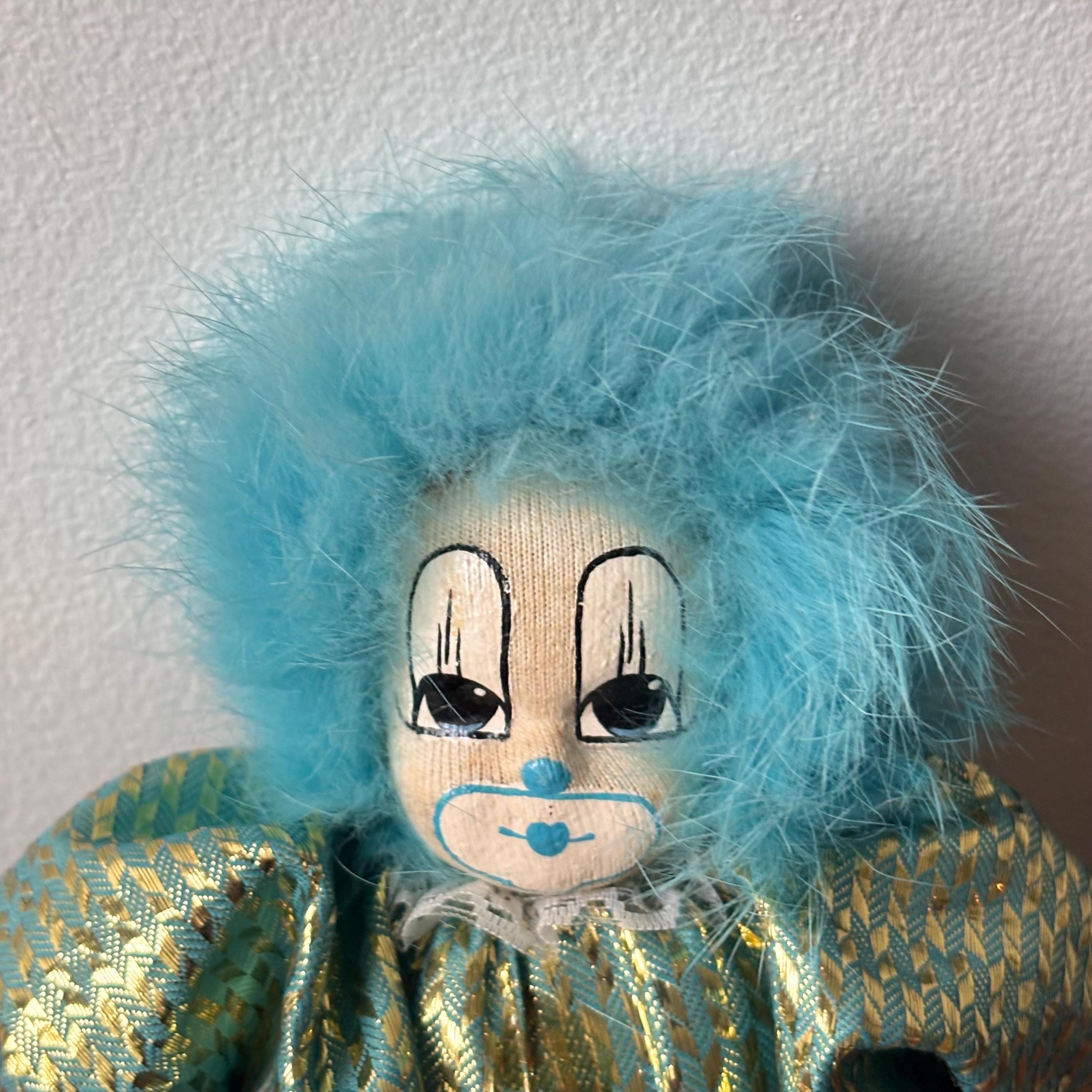 Vintage Q-tee Clown Sand Doll With Soft Teal Blue Hair, Hand