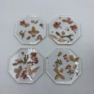 Lucite Acrylic Pressed Dried Flower Coasters Set of 4, Pink Floral Coasters
