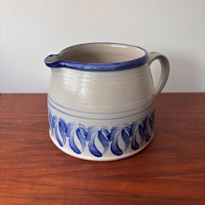 Vintage Salt Glaze Stoneware Cobalt Blue and Gray Leaf Pattern Pitcher