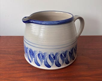 Vintage Salt Glaze Stoneware Cobalt Blue and Gray Leaf Pattern Pitcher