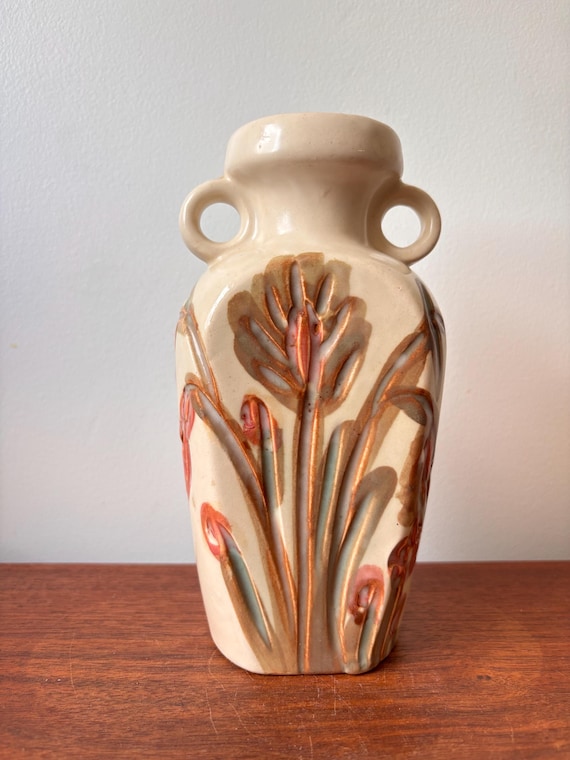 Vintage MCM Kad Yad Israeli Pottery Vase: Pink Floral Cream Decor