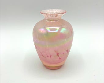 Vintage Pale Pink Confetti Iridescent Art Glass Bud Vase