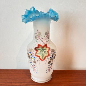 Antique Victorian Blue Bristol Glass Vase with Enamel Floral Design Hand Blown Ruffle Vase