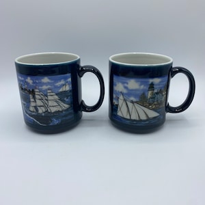 Vintage Otagiri Coffee Mug Sailing Seagull Bird Ocean Blue Glaze Mug Set of 2