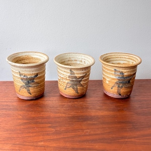 May include: Three handmade ceramic pots with a rustic, textured appearance. Each pot features a brown and blue starfish design. The pots have a cylindrical shape with a slightly flared rim and are approximately 4 inches tall.
