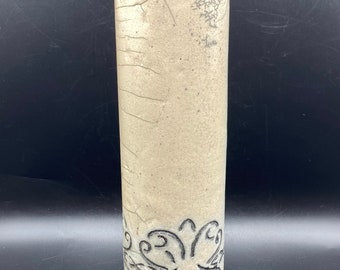Vintage Tall Cylinder Raku Pottery Vase Vessel with Scroll