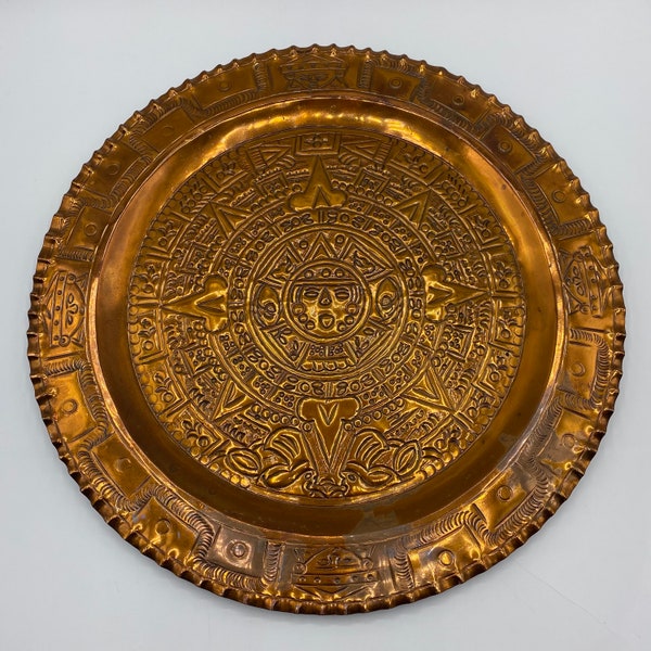 Vintage Aztec Copper Embossed Mayan Calendar Plate, Aztec Sun Calendar Wall Hanging Copper Plate Decor