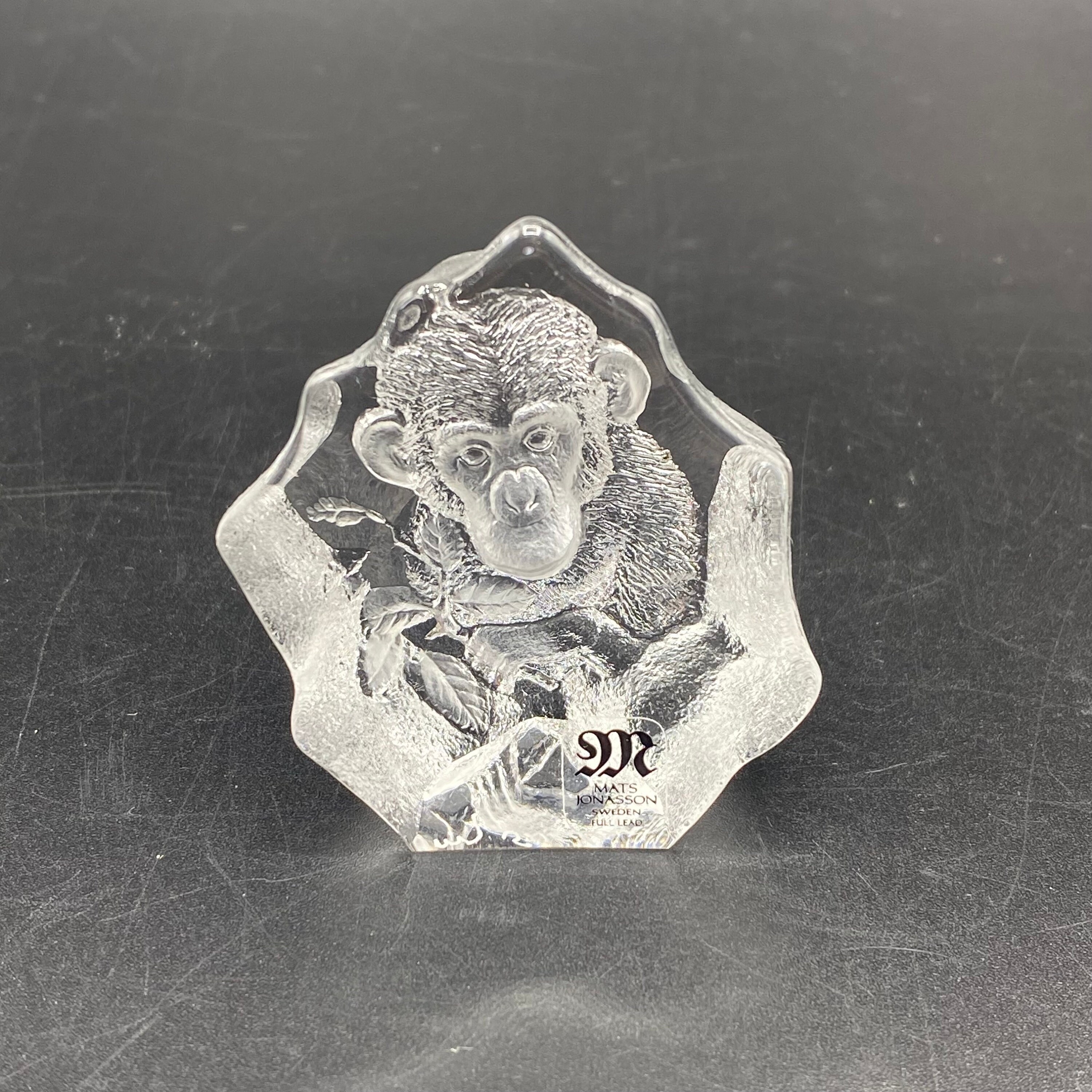Mats Jonasson Small Crystal Glass Monkey Paperweight, Signed Mats