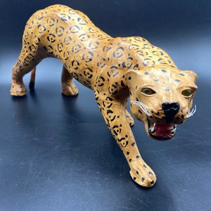 Vintage MCM Hand Crafted Leather Wrapped Leopard Jaguar Statue, Vintage Paper Mache Animal Sculpture, Exotic Animal Jungle Home Decor