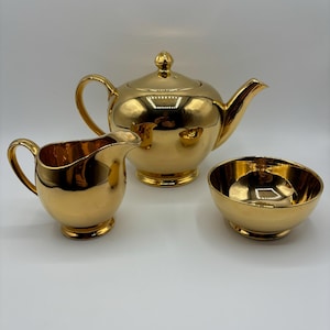 Vintage 1940’s Golden Age Royal Winton Grimwades Tea Set, Gold Lustre Teapot, Creamer and Open Sugar