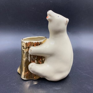 Vintage White Polar Bear Hugging Stump Planter or Pencil Holder