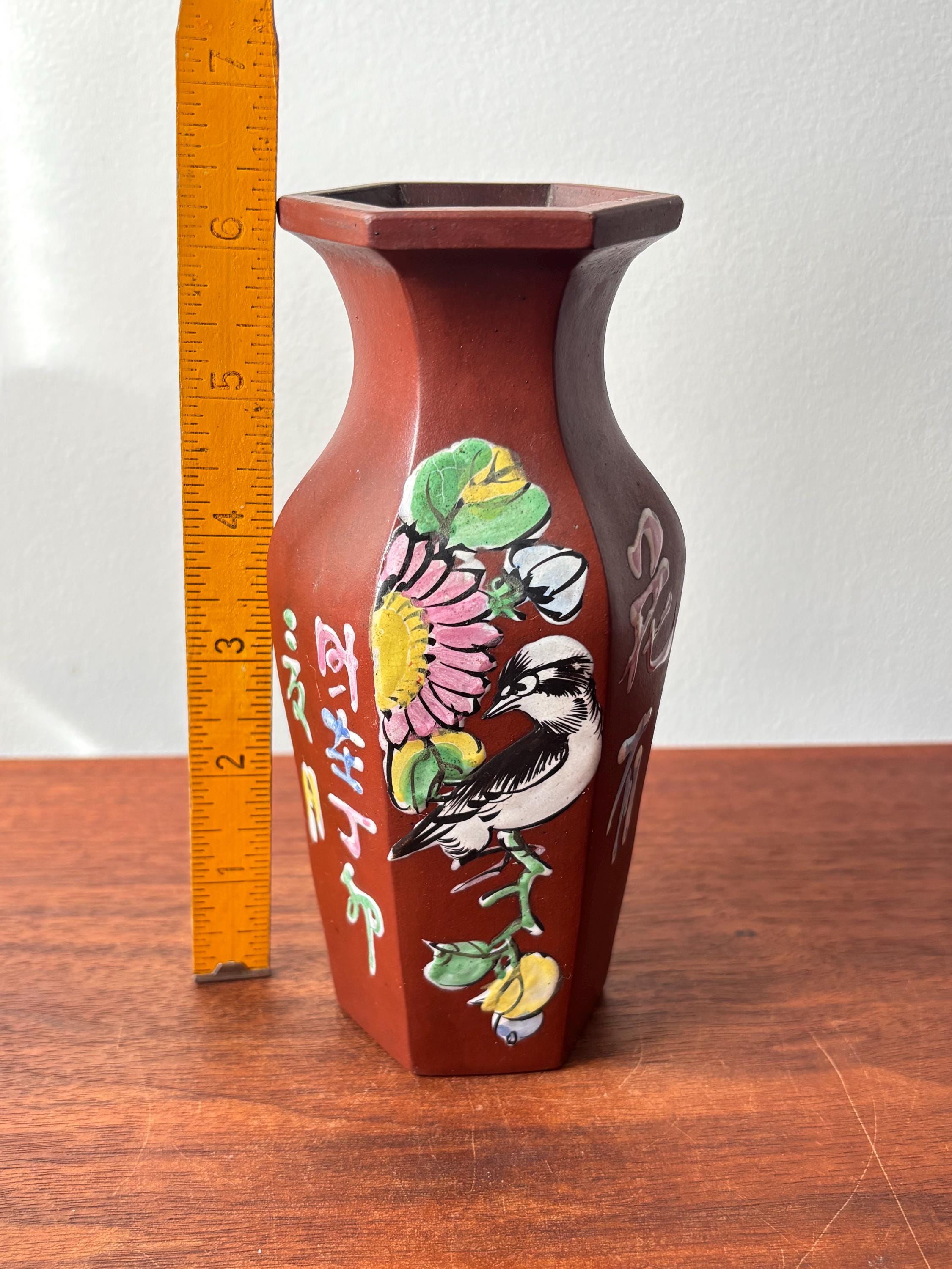 Antique Chinese Yixing Clay Enamelled Flower & Bird Vase, Zisha