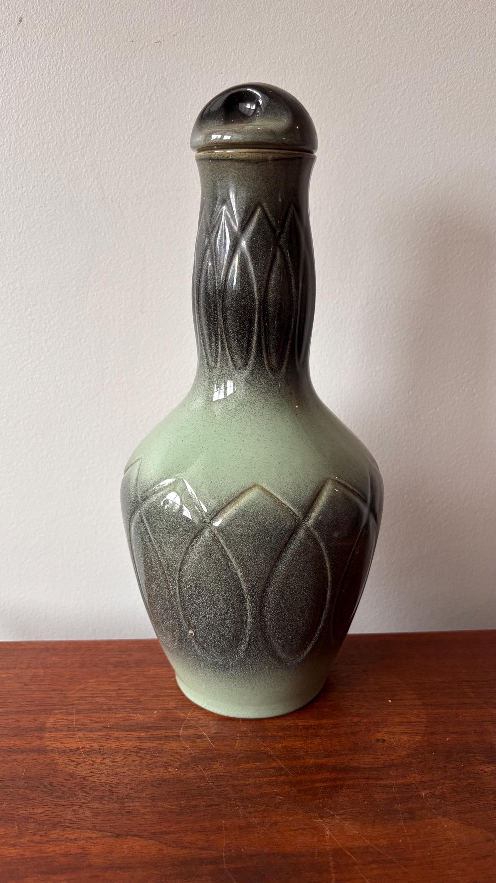 Vintage MCM Sage Green Pottery Decanter Carafe With Stopper (11.25