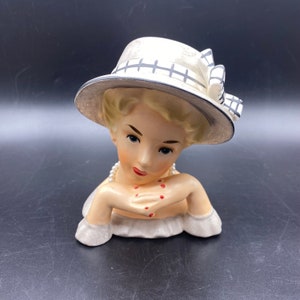 Vintage RARE Relpo Lady Head Vase with Gray Dress & Hat with Bow, Lady Head Vase Hands Under Chin, Vintage Head Vase Japan K1175S