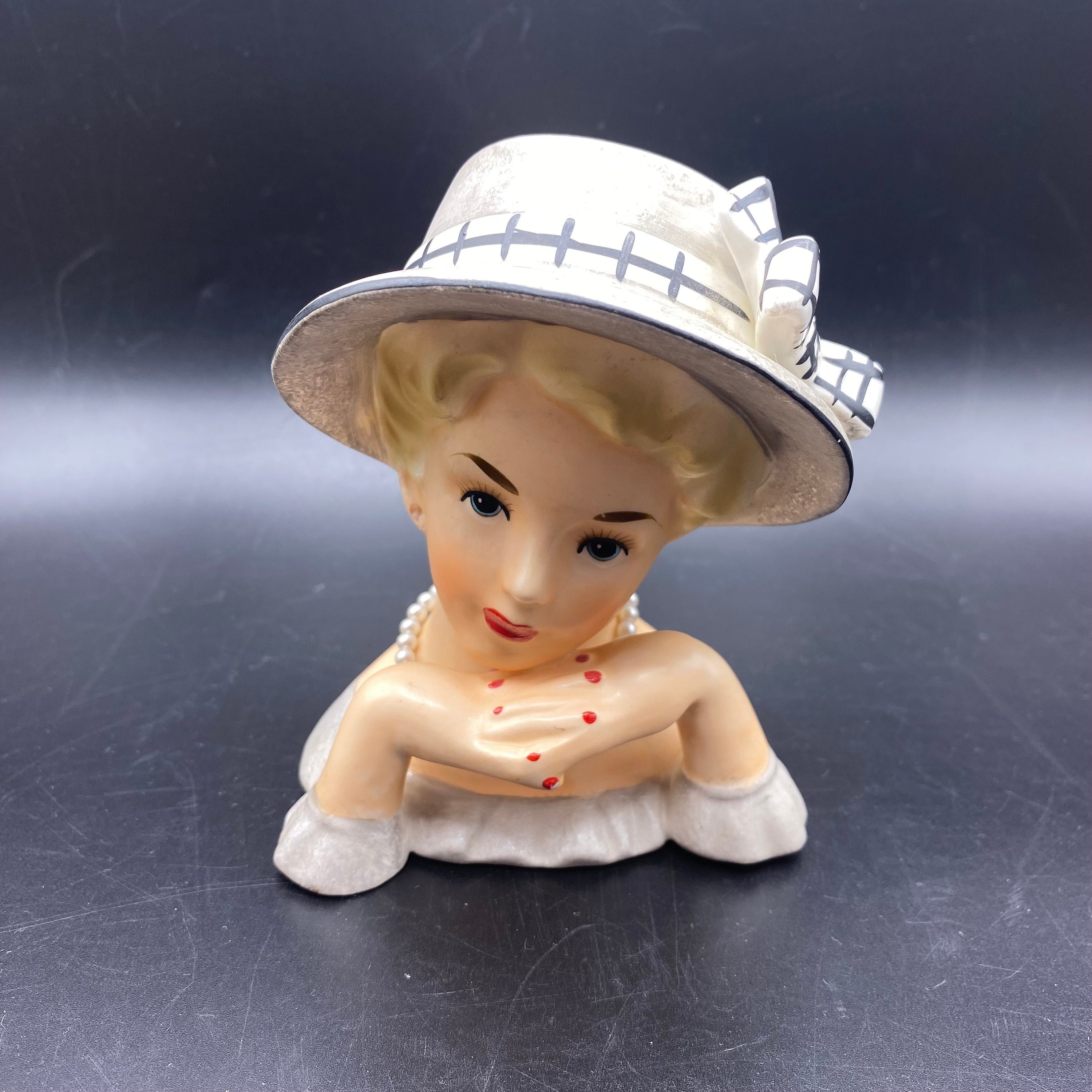 Vintage Relpo Lady Head Vase: Gray Dress, Bow Hat, Japan